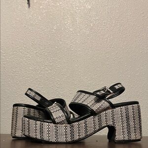 Woven Black and White Platform Slingback Heels